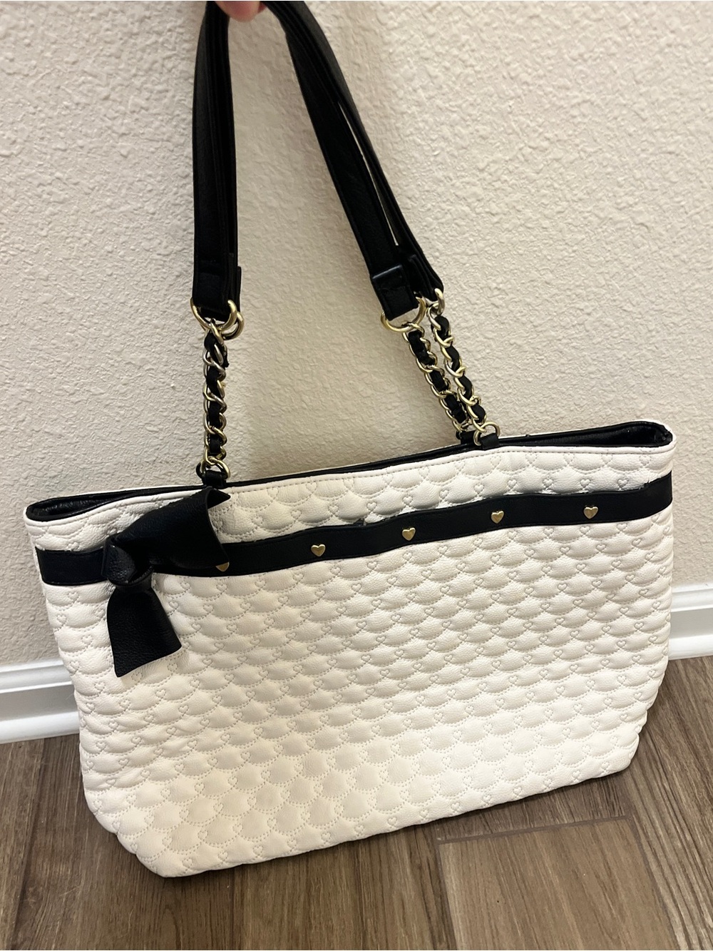 Betsey Johnson Cream Quilted Shoulder Bag with Black Chain-Straps